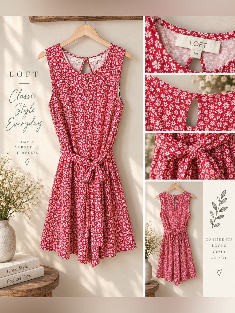 ❤️ LOFT Red & White Floral Tie-Waist Romper – Size L